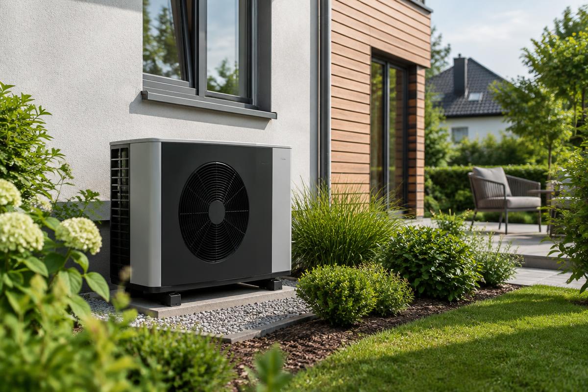 Modern heat pump outside a home